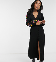 Чайное платье макси с вышивкой и длинными рукавами ASOS DESIGN Petite-Черный