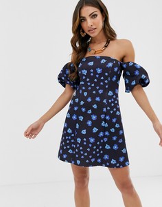 Приталенное платье мини с пышными рукавами и цветочным принтом ASOS DESIGN-Мульти
