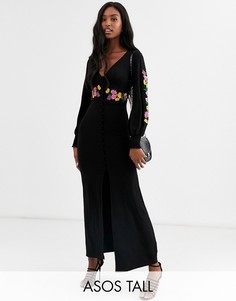 Чайное платье макси с вышивкой и длинными рукавами ASOS DESIGN Tall-Черный