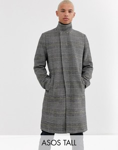 Пальто в клетку с высоким воротником ASOS DESIGN Tall-Серый