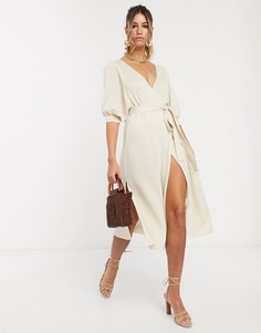 Платье миди в рубчик, с запахом и пышными рукавами ASOS DESIGN-Белый