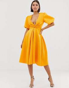 Платье миди для выпускного с объемными рукавами ASOS DESIGN-Желтый