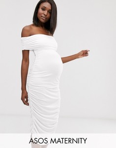 Платье миди с открытыми плечами и присборенной отделкой ASOS Maternity-Белый
