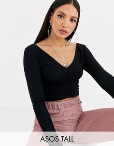Черный присборенный топ с V-образным вырезом на груди и спине ASOS DESIGN Tall