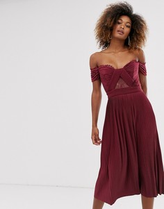 Платье миди с кружевом и складками ASOS DESIGN-Красный