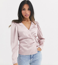 Атласный топ с запахом и поясом ASOS DESIGN Petite-Бесцветный