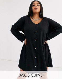 Свободное платье мини на пуговицах с длинными рукавами ASOS DESIGN Curve-Черный