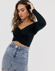 Черный присборенный топ с V-образным вырезом на груди и спине ASOS DESIGN