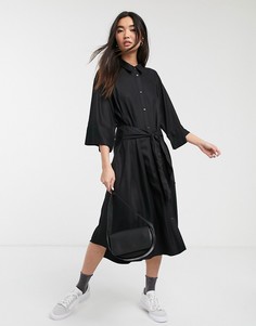 Черное платье-рубашка миди с завязкой спереди Monki-Белый