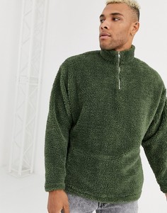 Зеленый плюшевый oversized-свитшот с короткой молнией ASOS DESIGN