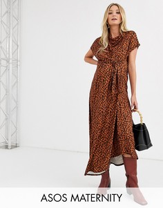 Платье миди со свободным воротом, поясом и черепаховым принтом ASOS DESIGN Maternity-Мульти
