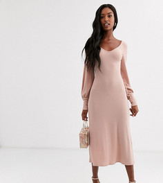 Платье миди в рубчик с длинными рукавами ASOS DESIGN Tall-Розовый