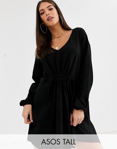 Свободное платье с длинными рукавами и шнурком ASOS DESIGN Tall-Черный