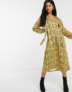 Платье миди с длинными рукавами и желтым цветочным принтом ASOS DESIGN-Мульти