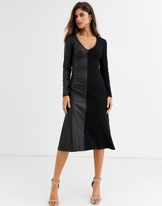 Платье из ткани в рубчик и искусственной кожи с длинными рукавами ASOS DESIGN-Черный