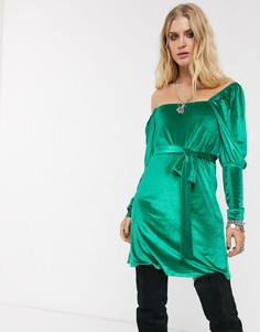 Бархатное платье мини с пышными рукавами ASOS DESIGN-Зеленый