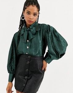 Блузка из жатой ткани цвета металлик с объемными рукавами DREAM Sister Jane-Зеленый