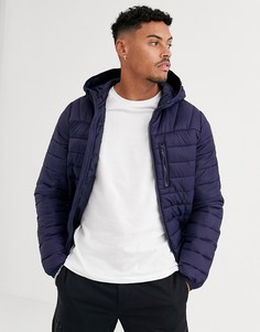 Темно-синяя дутая куртка с капюшоном Bershka-Темно-синий