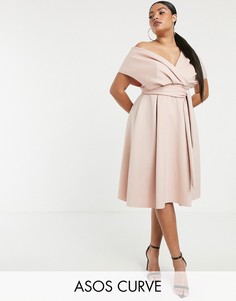 Платье для выпускного миди со спущенными плечами и поясом ASOS Curve-Розовый