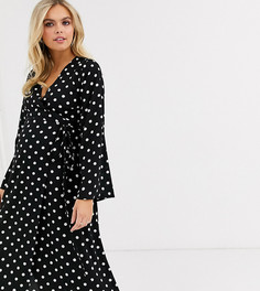 Черное платье в горошек с длинными рукавами и запахом New Look Maternity-Черный