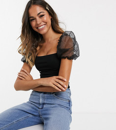 Черный топ с рукавами из органзы New Look