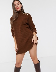Платье-водолазка коричневого цвета с пуговицами на плече River Island-Коричневый