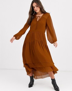 Коричневое ярусное платье макси Vila-Коричневый