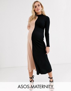 Платье миди в рубчик с длинными рукавами ASOS DESIGN Maternity-Мульти
