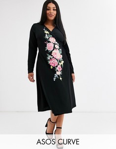 Платье миди с длинными рукавами и запахом ASOS DESIGN Curve-Черный
