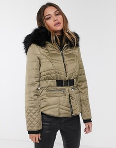 Стаганая куртка цвета хаки с искусственным мехом River Island-Зеленый