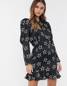Черное платье мини с пышными рукавами и принтом \"звезды\" River Island-Черный