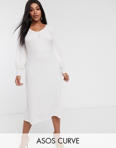 Платье миди в рубчик с длинными рукавами ASOS DESIGN Curve-Зеленый
