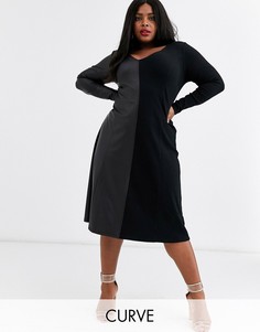 Платье из ткани в рубчик и искусственной кожи с длинными рукавами ASOS DESIGN Curve-Черный