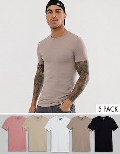 Обтягивающая футболка из органического хлопка с круглым вырезом ASOS DESIGN - Набор из 5 шт. со скидкой-Мульти