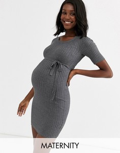 Серое платье мини в рубчик для беременных с поясом Mamalicious-Серый Mama.Licious