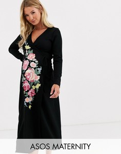 Платье миди с длинными рукавами и запахом ASOS DESIGN Maternity-Черный