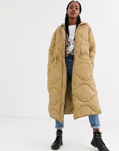 Стеганый длинный пуховик ASOS DESIGN-Бежевый