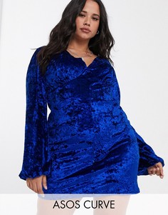 Бархатное платье мини с длинными рукавами ASOS DESIGN Curve-Синий