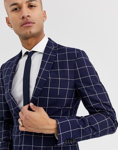 Темно-синий приталенный пиджак в клетку Topman