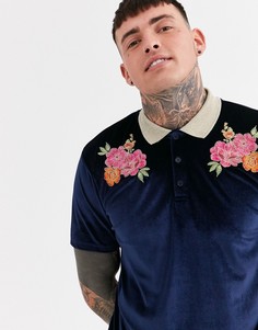 Велюровая футболка-поло с контрастным золотистым воротником ASOS DESIGN-Темно-синий