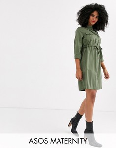 Платье-рубашка цвета хаки в стиле милитари с поясом Mamalicious Maternity-Зеленый Mama.Licious