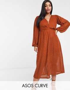 Платье миди в полоску с длинными рукавами ASOS DESIGN Curve-Красный