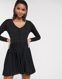 Плиссированное платье мини с длинными рукавами ASOS DESIGN-Черный