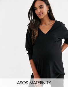 Черный oversize-топ с V-образным вырезом и рукавами \"летучая мышь\" ASOS DESIGN Maternity