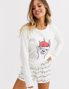 Новогодний пижамный комплект из футболки и шорт ASOS DESIGN-Кремовый