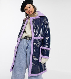 Виниловое oversize-пальто с искусственным мехом Reclaimed Vintage inspired-Синий