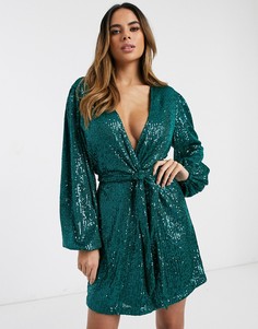 Платье мини изумрудного цвета с пайетками и поясом Pretty Lavish-Зеленый