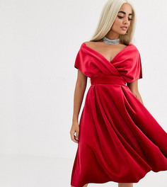 Бархатное платье для выпускного миди со спущенными плечами и поясом ASOS Petite-Красный