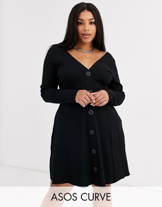 Чайное платье в рубчик с длинными рукавами ASOS DESIGN Curve-Черный