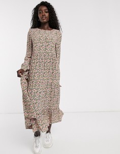 Платье миди с оборкой и цветочным принтом Pieces-Мульти